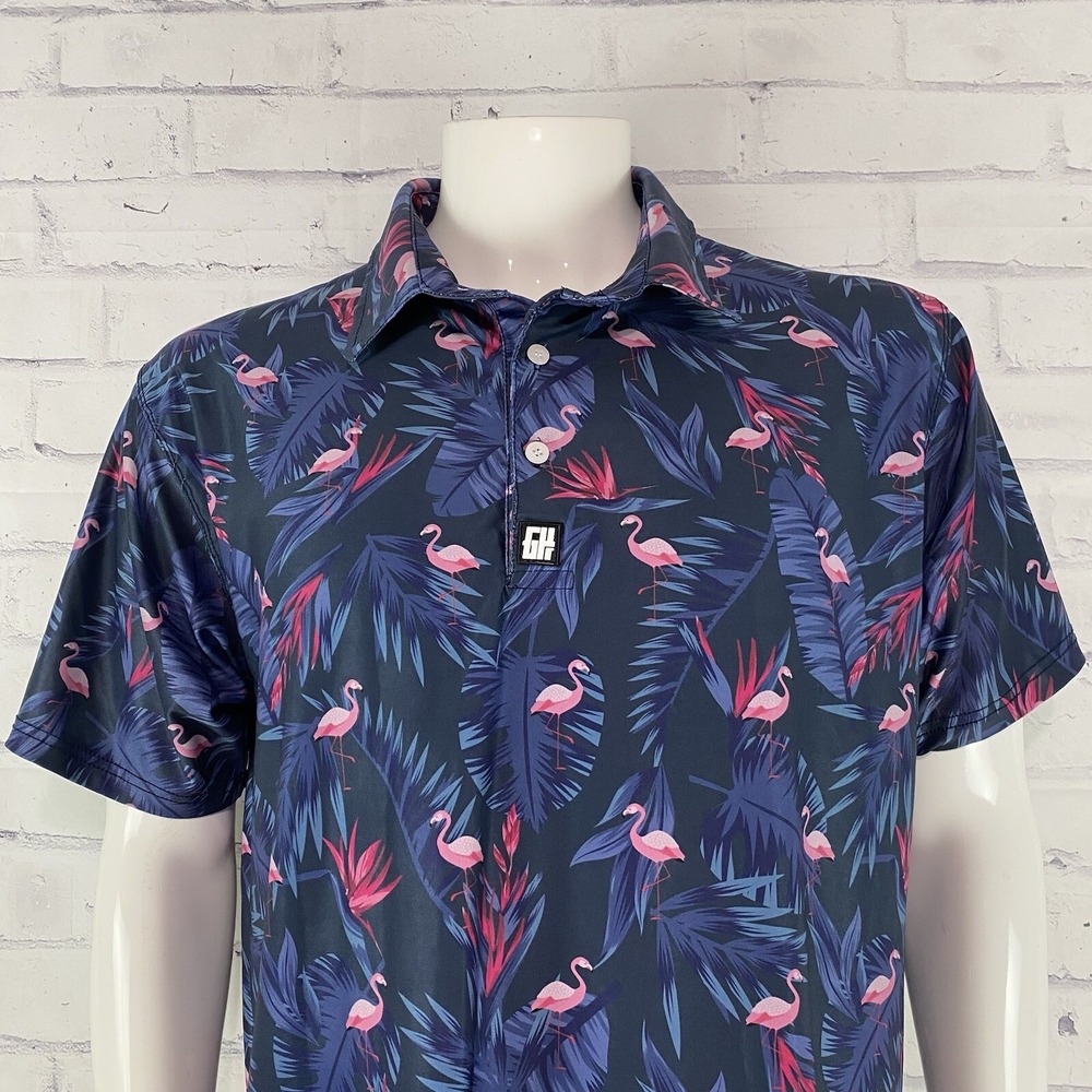 Greater Half Shirt Men's Large Polo Short Sleeve GH Shirt Blue Flamingo Hawaiian